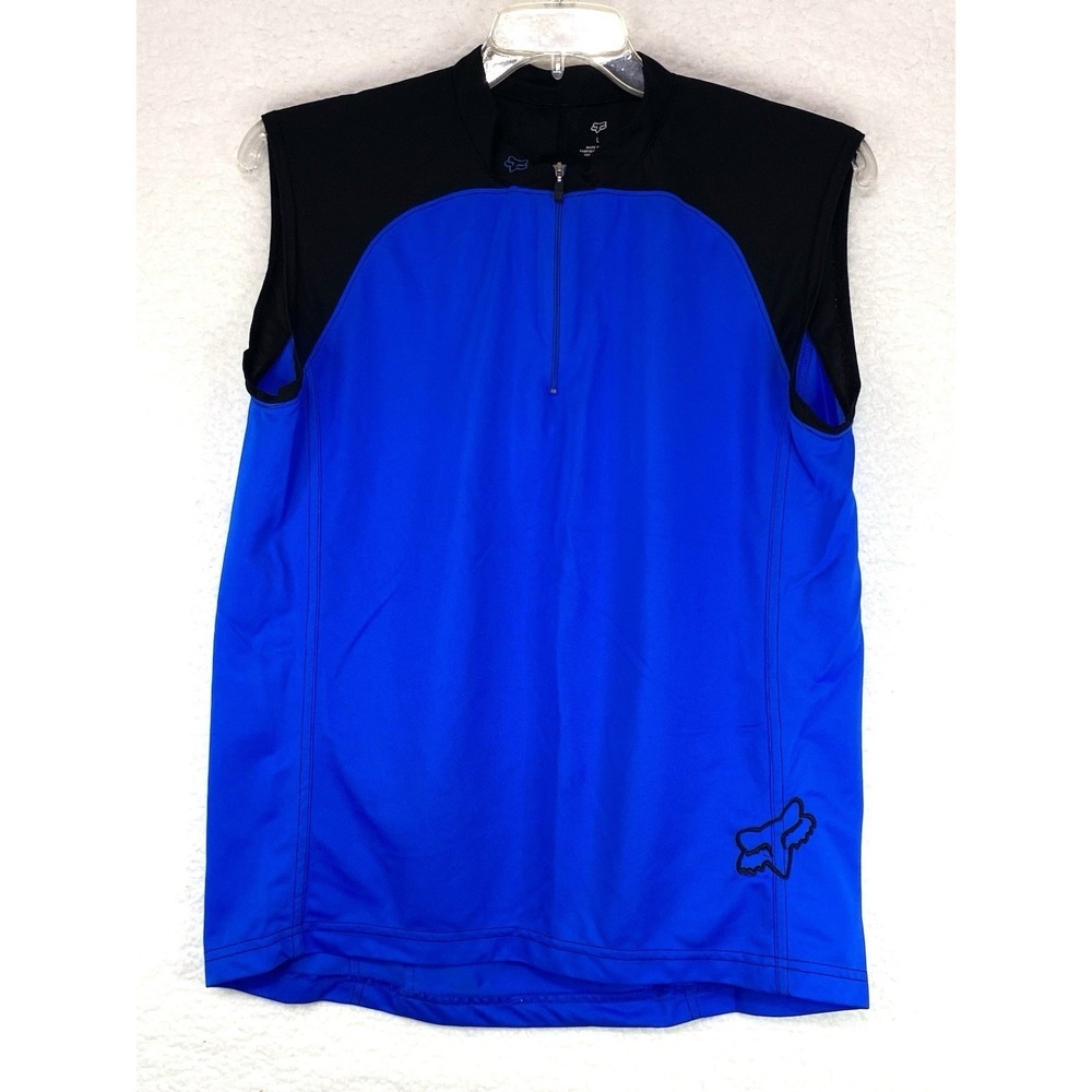 Fox Racing Mens Sleeveless Cycling Jersey Blue Black 1/4 Zip Large MTB Bike Top